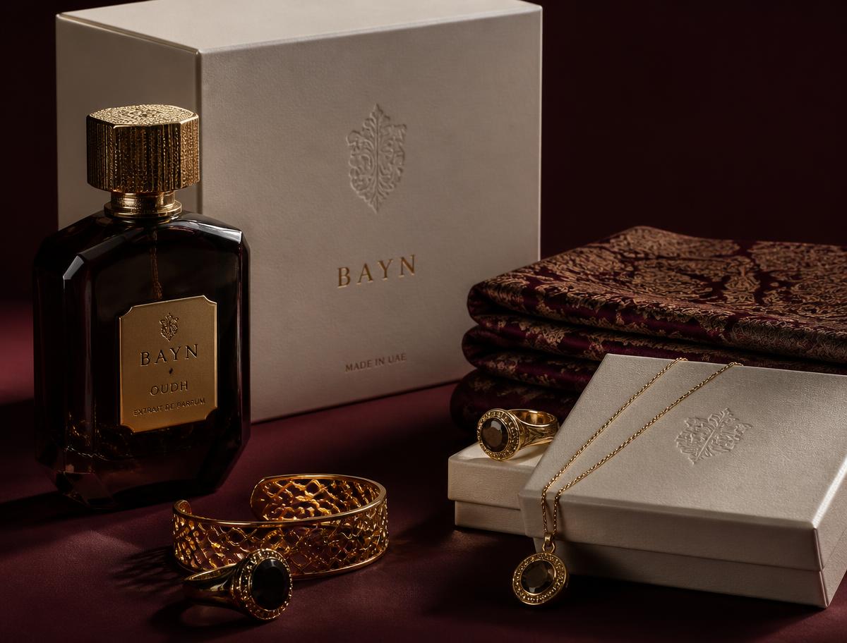 Curated UAE local brand products: oud fragrance, gold jewellery and packaging